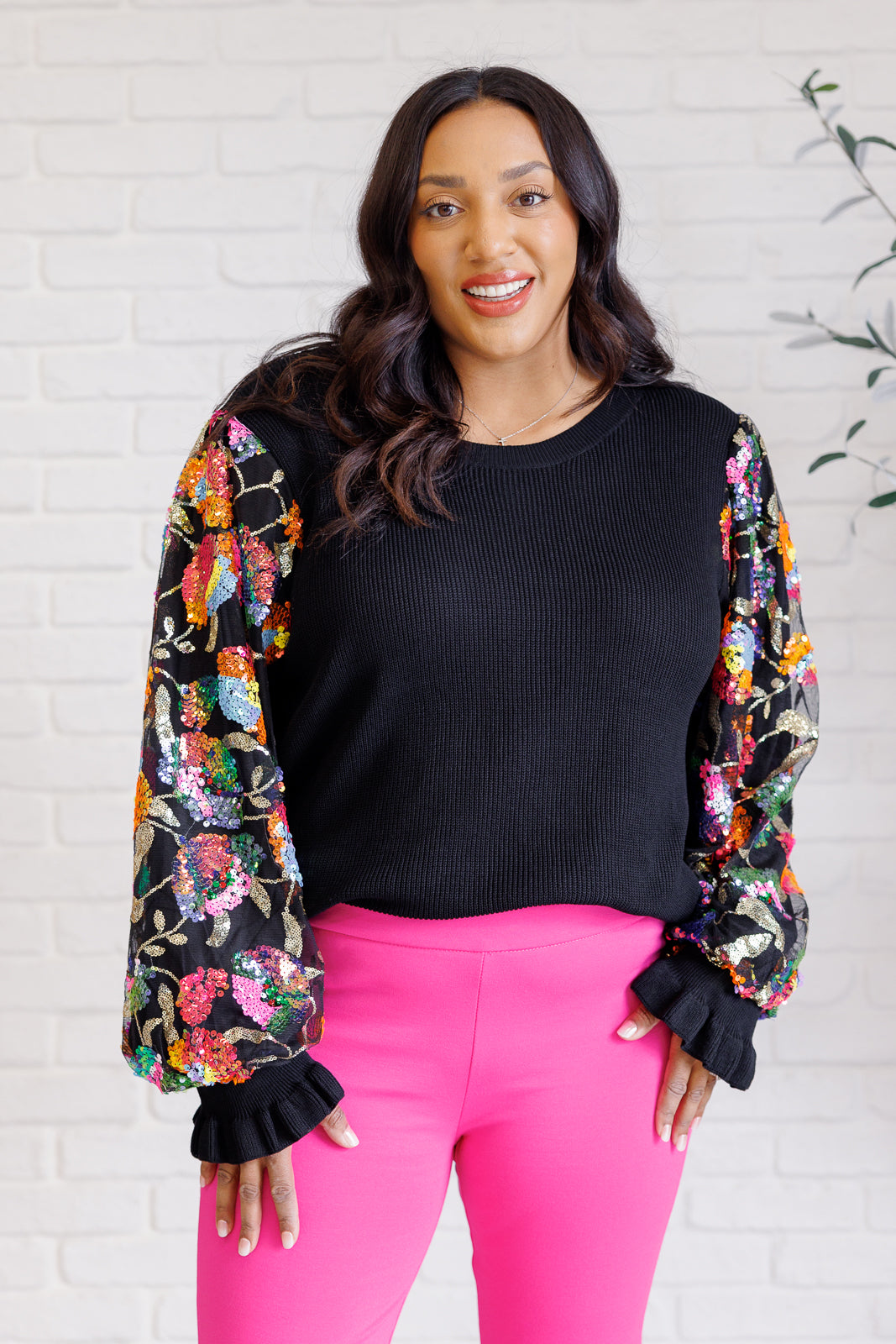 She is the Party Floral Sequins Mesh Sleeve Top - Southern Divas Boutique