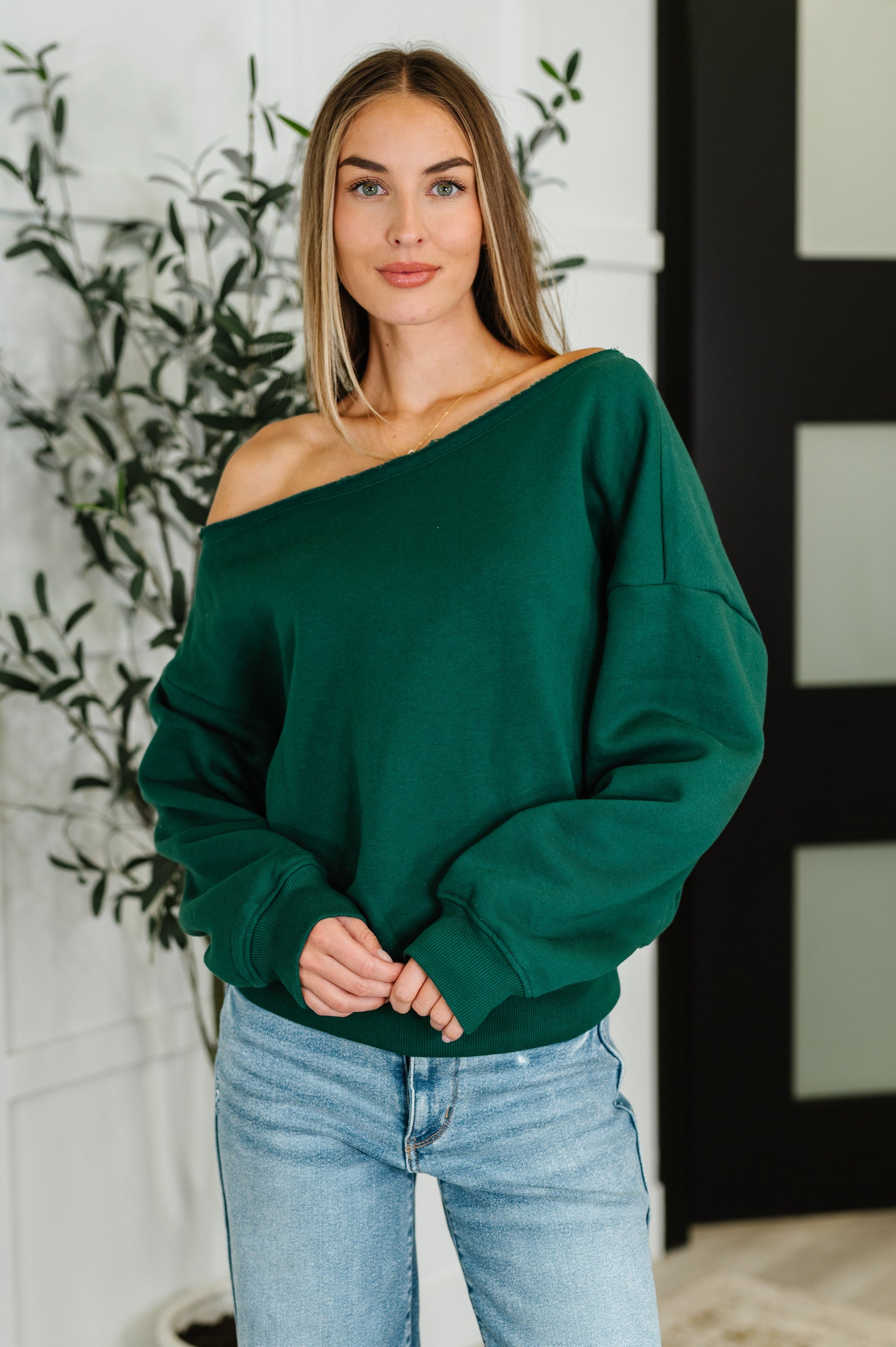 Side Hustle Off Shoulder Long Sleeve Top in Hunter Green - Southern Divas Boutique