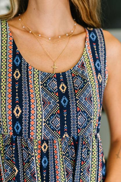 Sierra Spirit Gathered Tiered Dress in Navy - Southern Divas Boutique