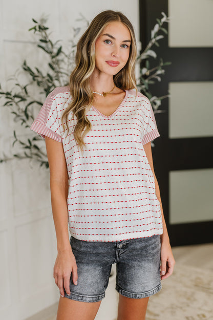 Stitched with Love V-Neck Top in Ivory and Red - Southern Divas Boutique