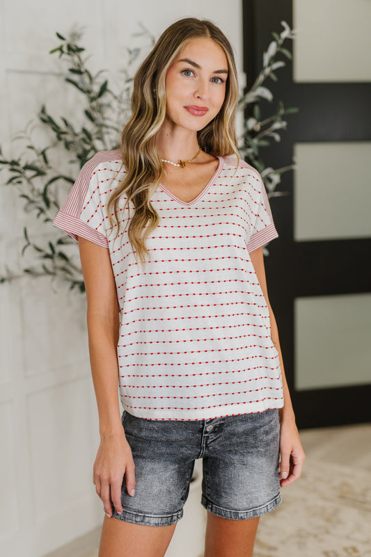 Stitched with Love V-Neck Top in Ivory and Red - Southern Divas Boutique