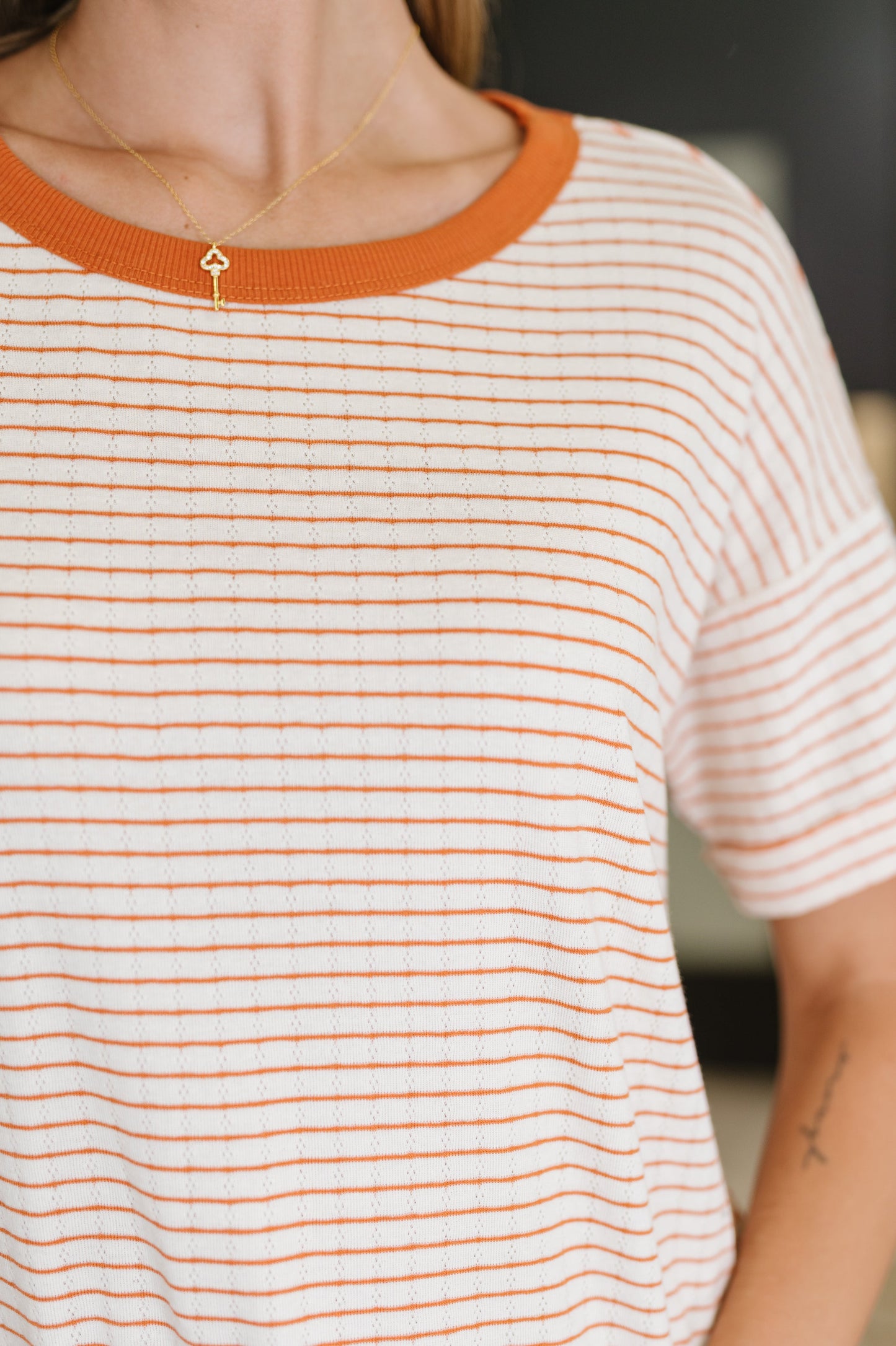 Sunbeam Shuffle Banded Round Neck Top in Orange - Southern Divas Boutique