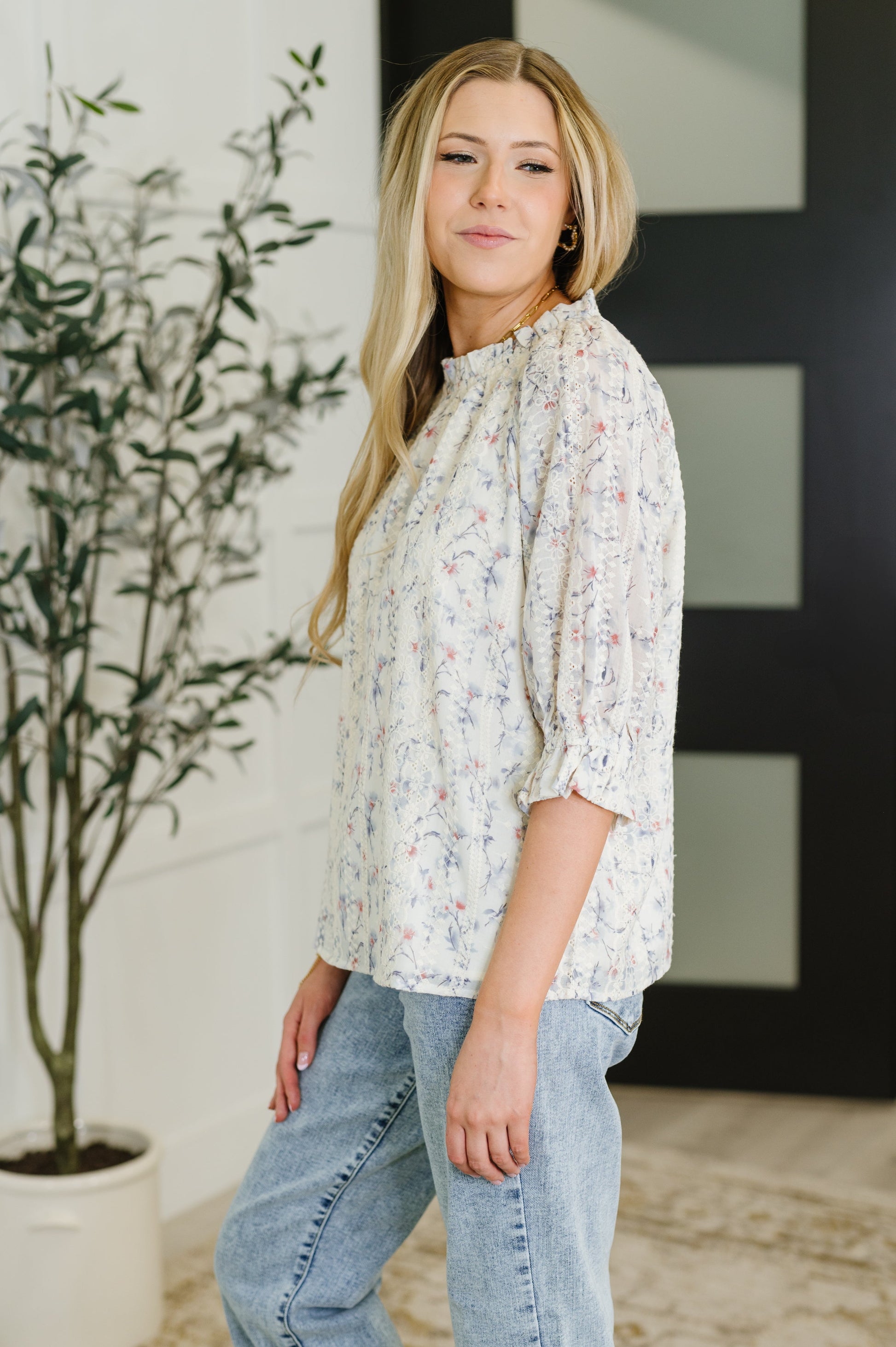 Sweet Ruffle Affair High Neck Blouse in Blue - Southern Divas Boutique