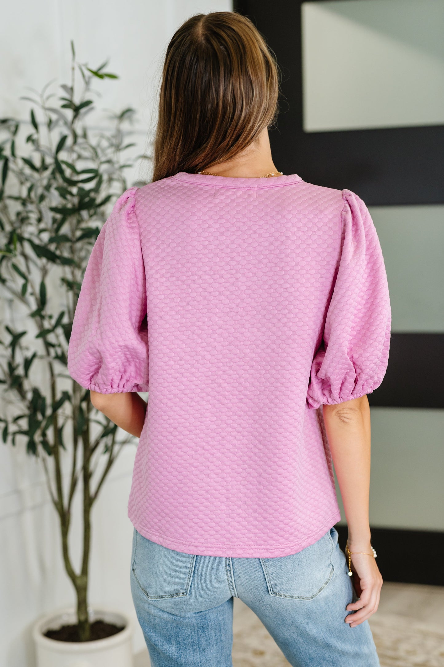 Textured Balloon Sleeve Blouse in Pink - Southern Divas Boutique