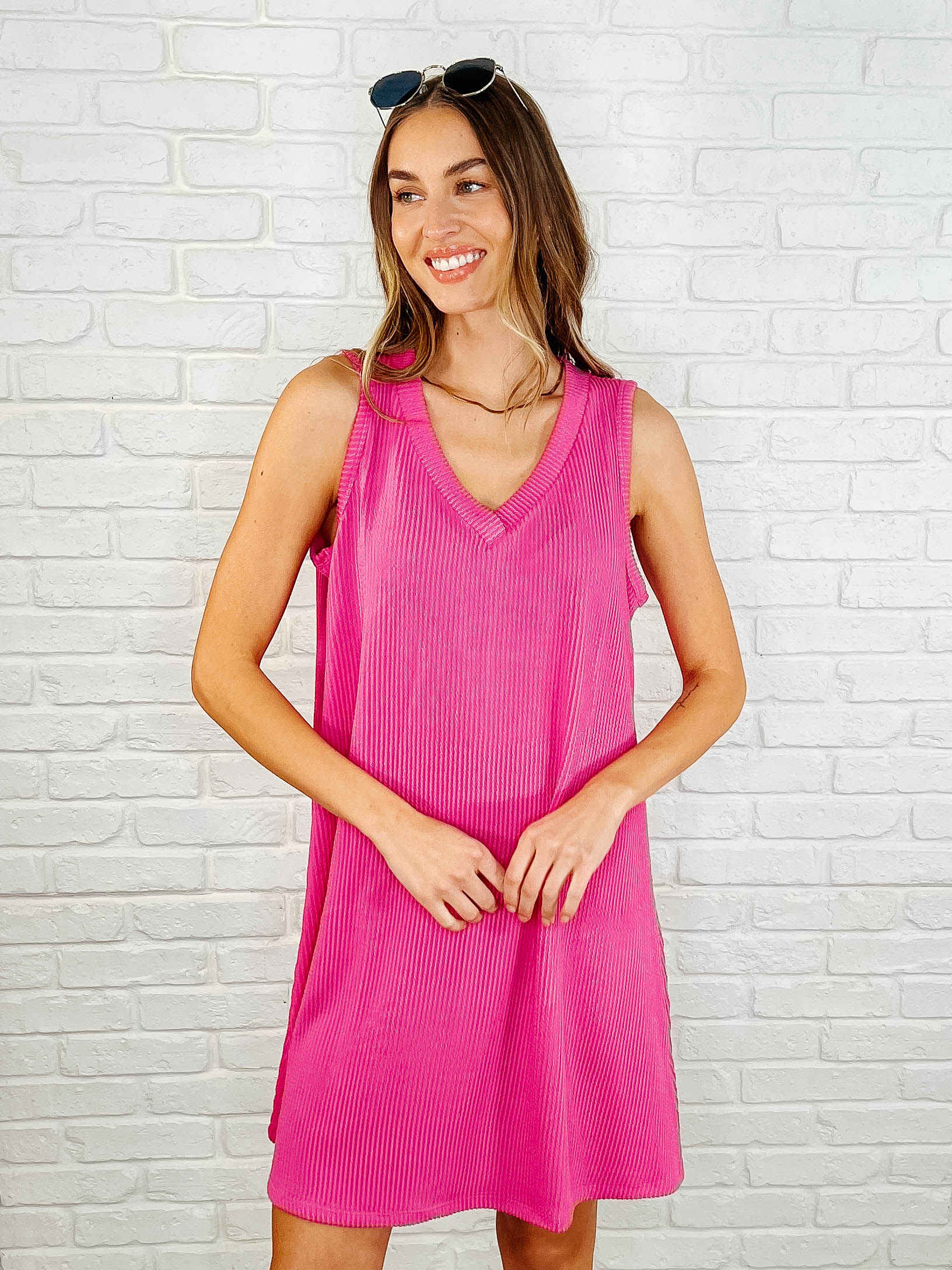 The Power I Hold V-Neck Ribbed Knit Dress in Fuchsia - Southern Divas Boutique