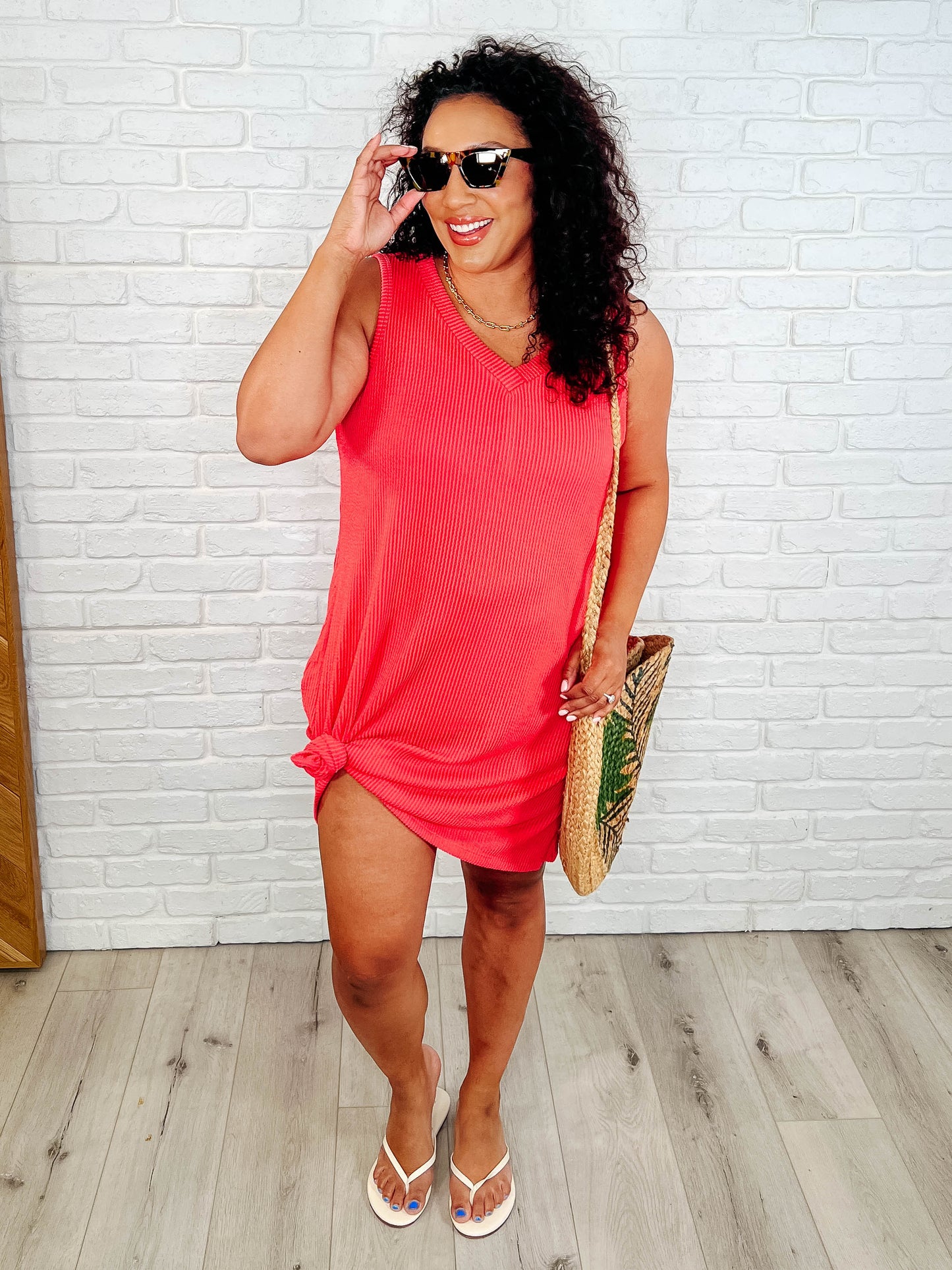 The Power I Hold V-Neck Ribbed Knit Dress in Summer Coral - Southern Divas Boutique