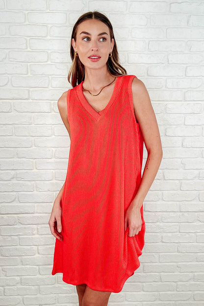 The Power I Hold V-Neck Ribbed Knit Dress in Summer Coral - Southern Divas Boutique