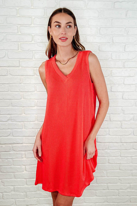 The Power I Hold V-Neck Ribbed Knit Dress in Summer Coral - Southern Divas Boutique