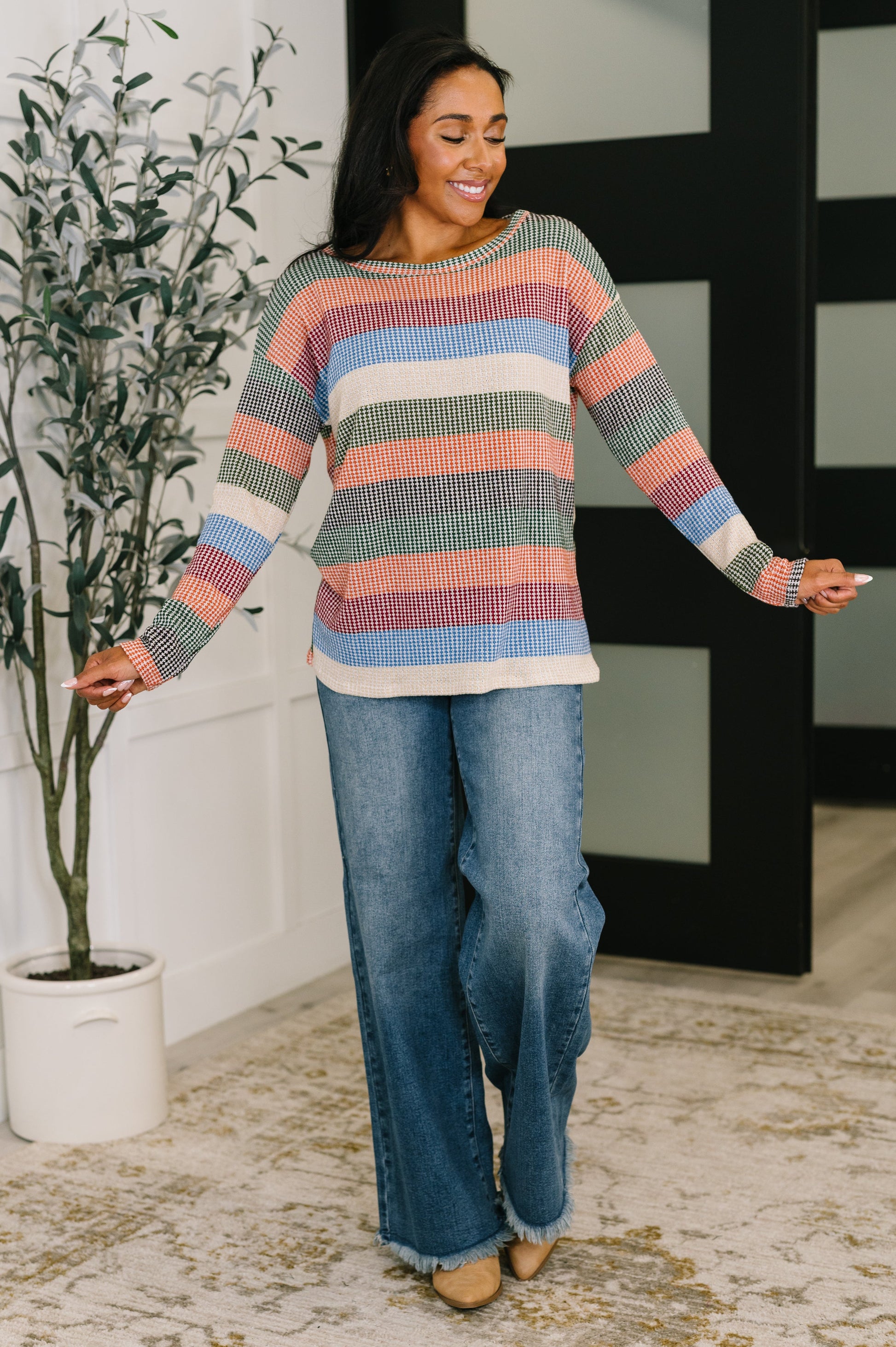 To Be Determined Drop Shoulder Top in Rust, Olive and Blue - Southern Divas Boutique