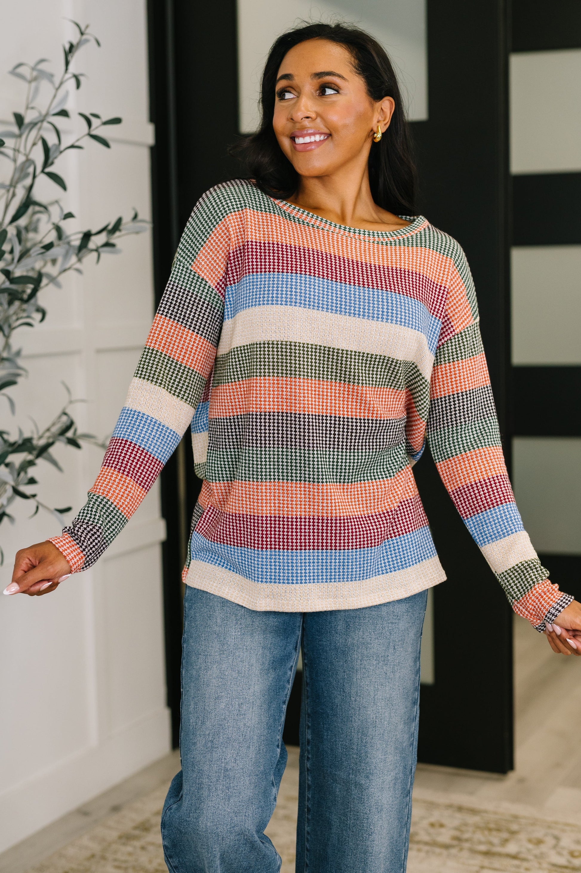 To Be Determined Drop Shoulder Top in Rust, Olive and Blue - Southern Divas Boutique