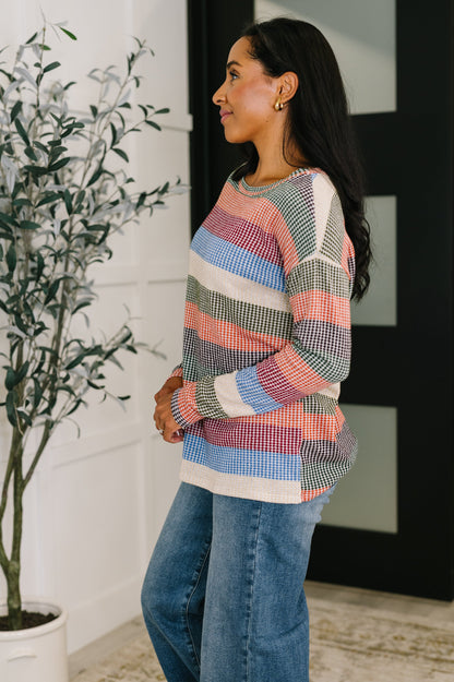 To Be Determined Drop Shoulder Top in Rust, Olive and Blue - Southern Divas Boutique