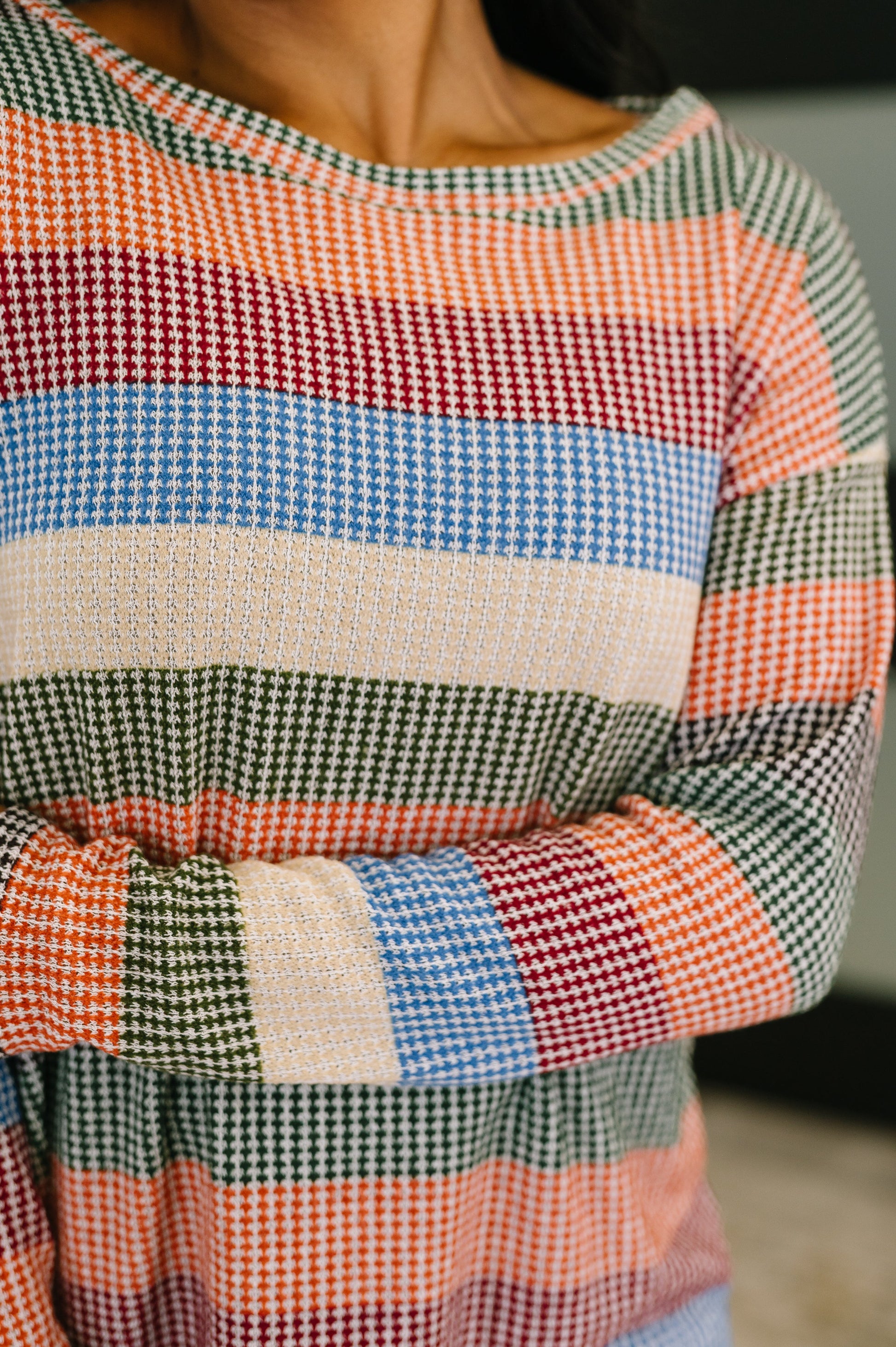 To Be Determined Drop Shoulder Top in Rust, Olive and Blue - Southern Divas Boutique