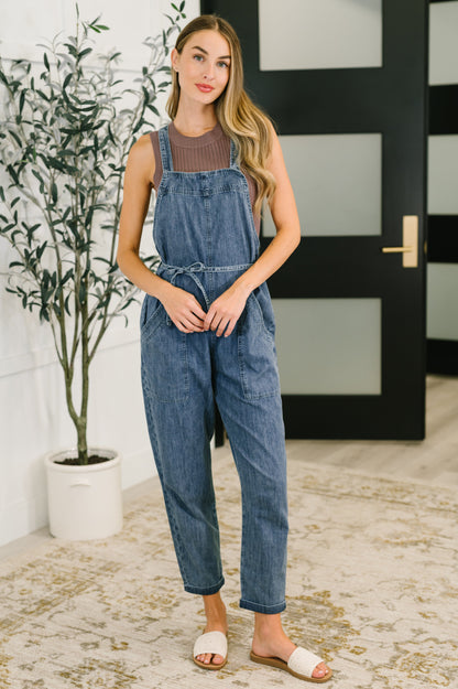 Too Cute to Compute Waist Tie Overalls in Dark Blue - Southern Divas Boutique