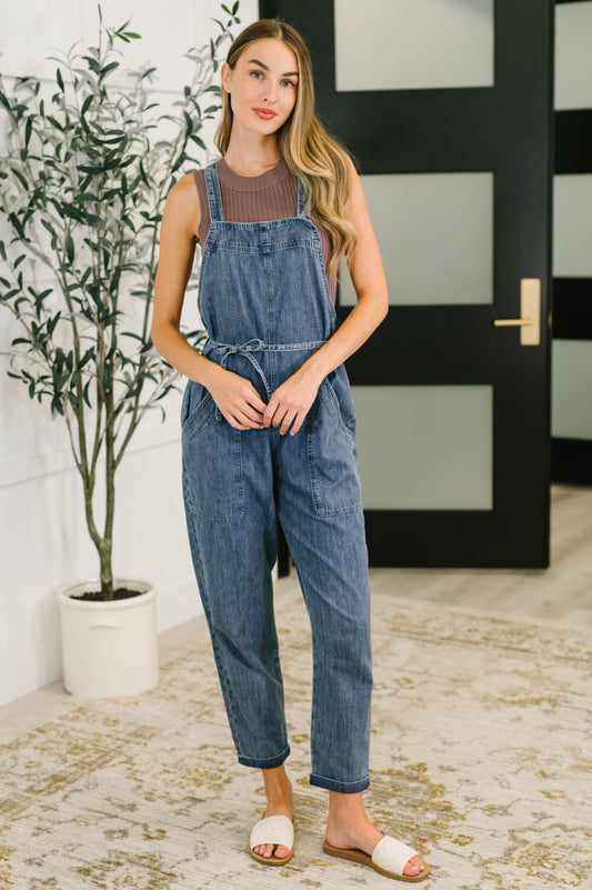 Too Cute to Compute Waist Tie Overalls in Dark Blue - Southern Divas Boutique