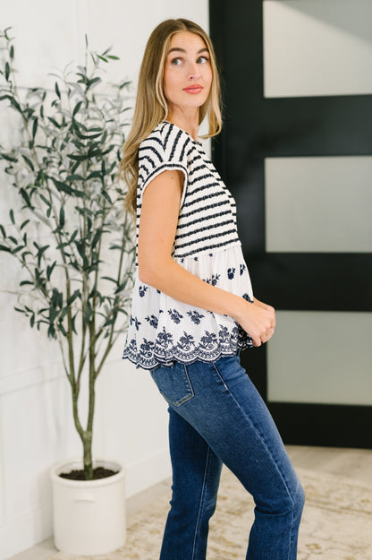 Too Sweet to Share Scalloped Hem Blouse in Ivory and Navy - Southern Divas Boutique