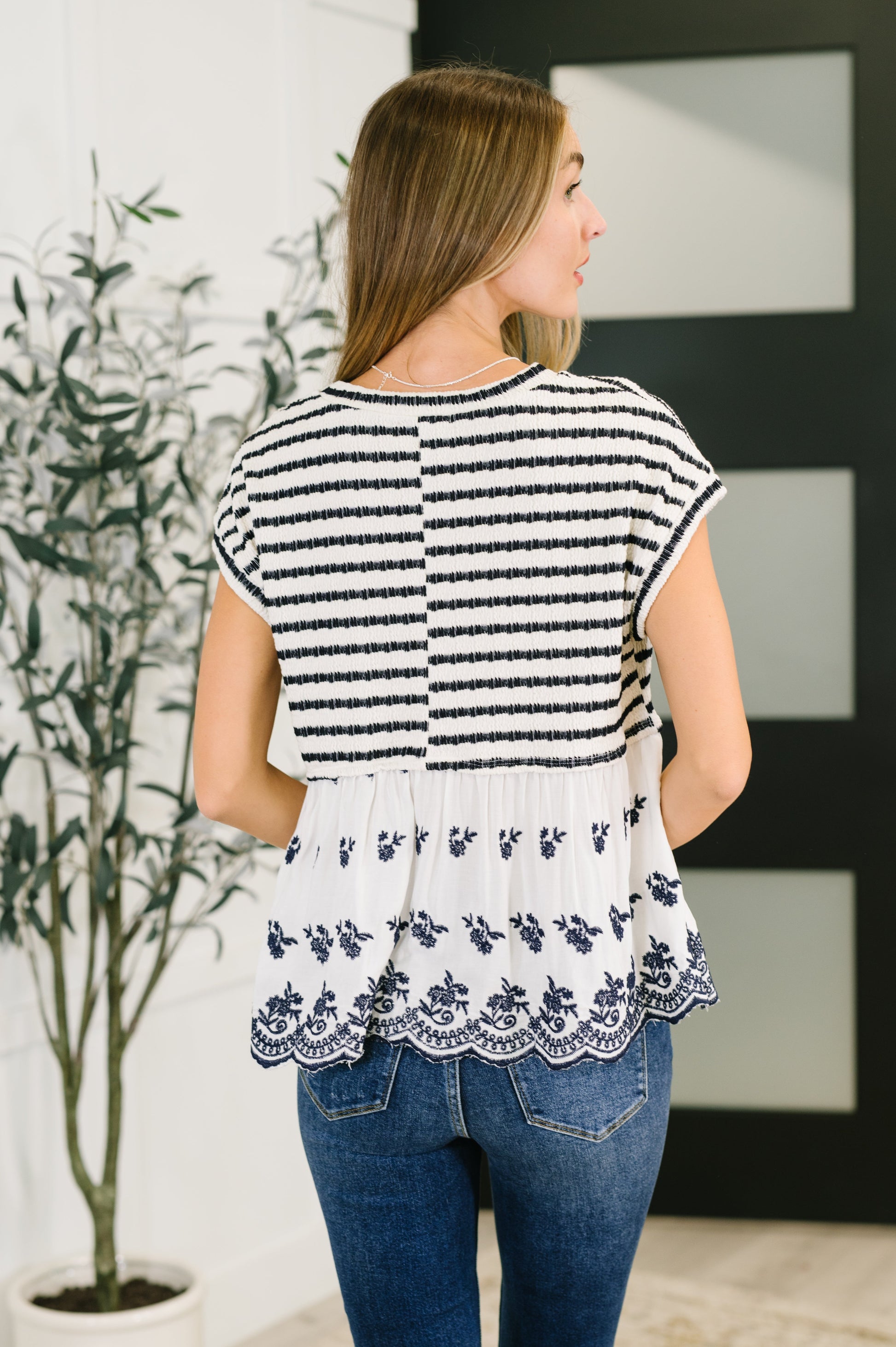 Too Sweet to Share Scalloped Hem Blouse in Ivory and Navy - Southern Divas Boutique
