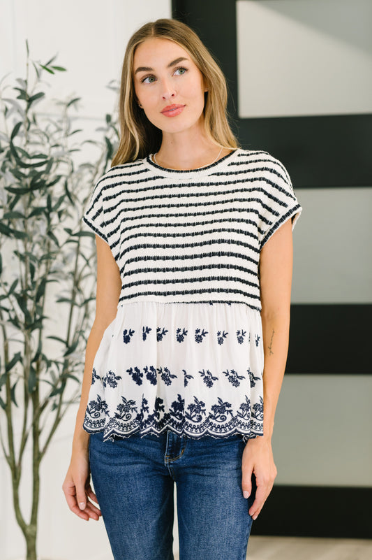 Too Sweet to Share Scalloped Hem Blouse in Ivory and Navy - Southern Divas Boutique
