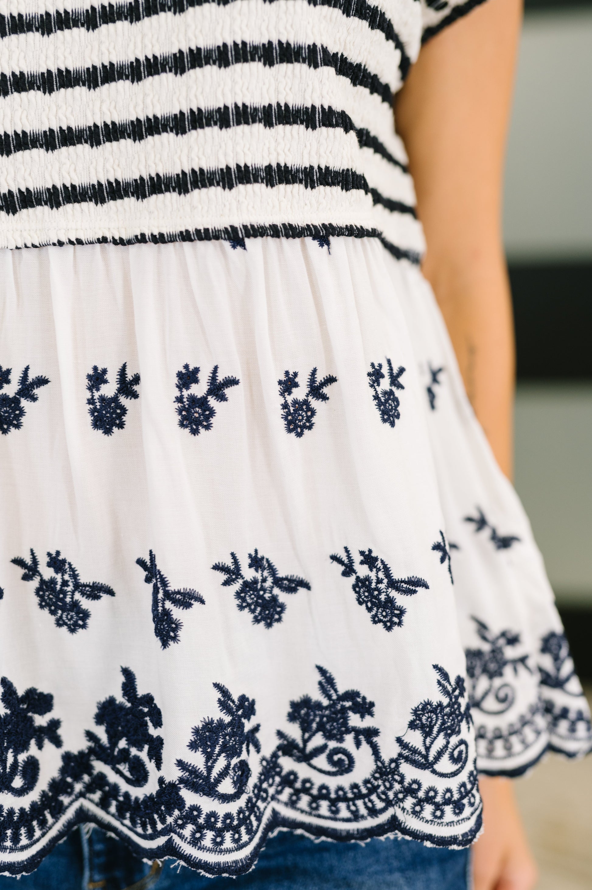 Too Sweet to Share Scalloped Hem Blouse in Ivory and Navy - Southern Divas Boutique