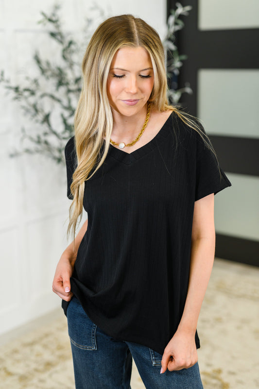 Top Shelf Basic V-Neck Ribbed Tee in Black - Southern Divas Boutique