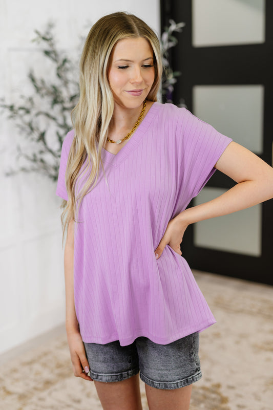 Top Shelf Basic V-Neck Ribbed Tee in Lavender - Southern Divas Boutique
