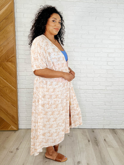 Tropical Print Gauze Kimono with Elastic Waist Tie in Milk Tea - Southern Divas Boutique