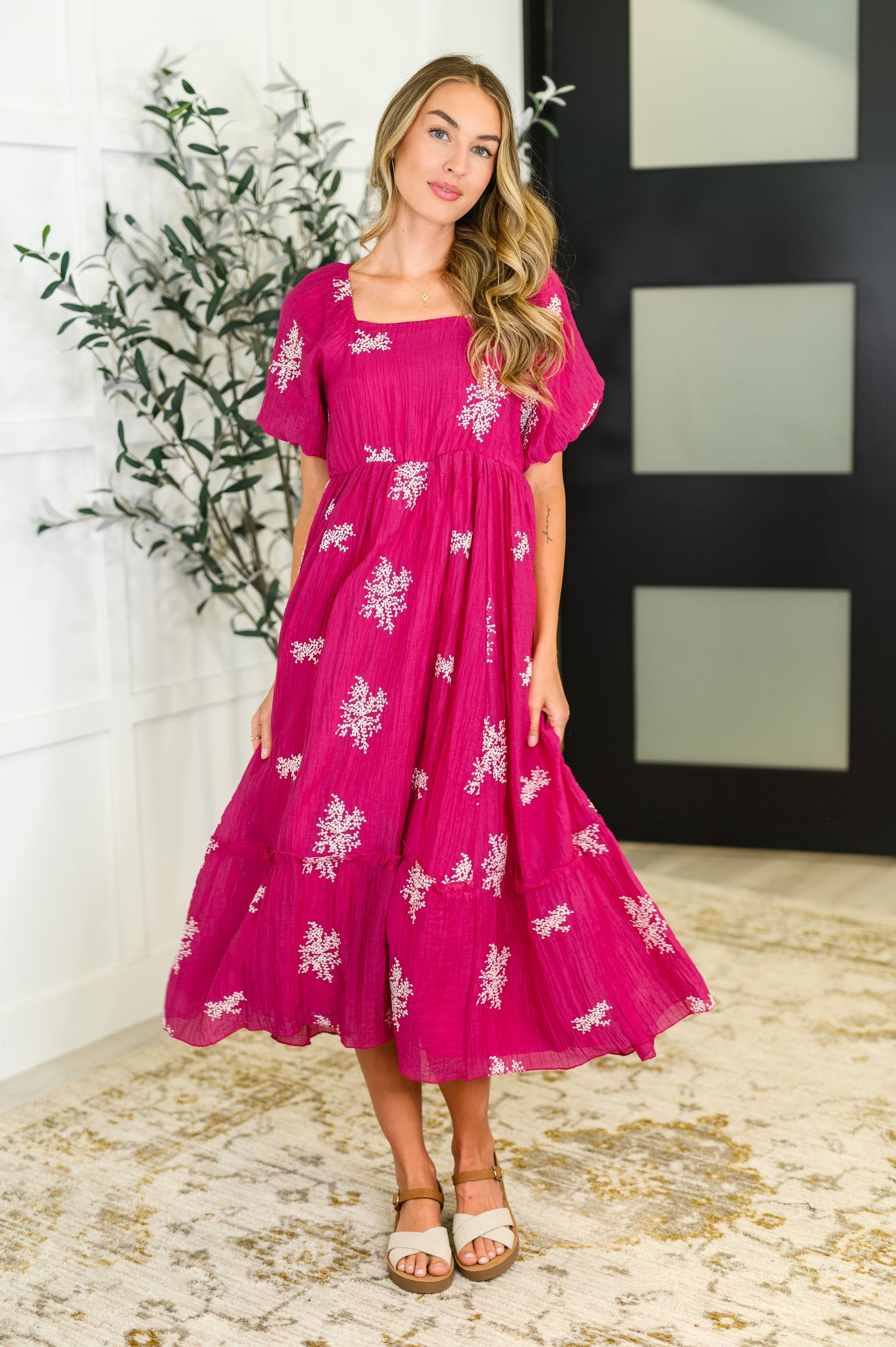 Twirl in Bloom Square Neck Dress in Hot Pink - Southern Divas Boutique