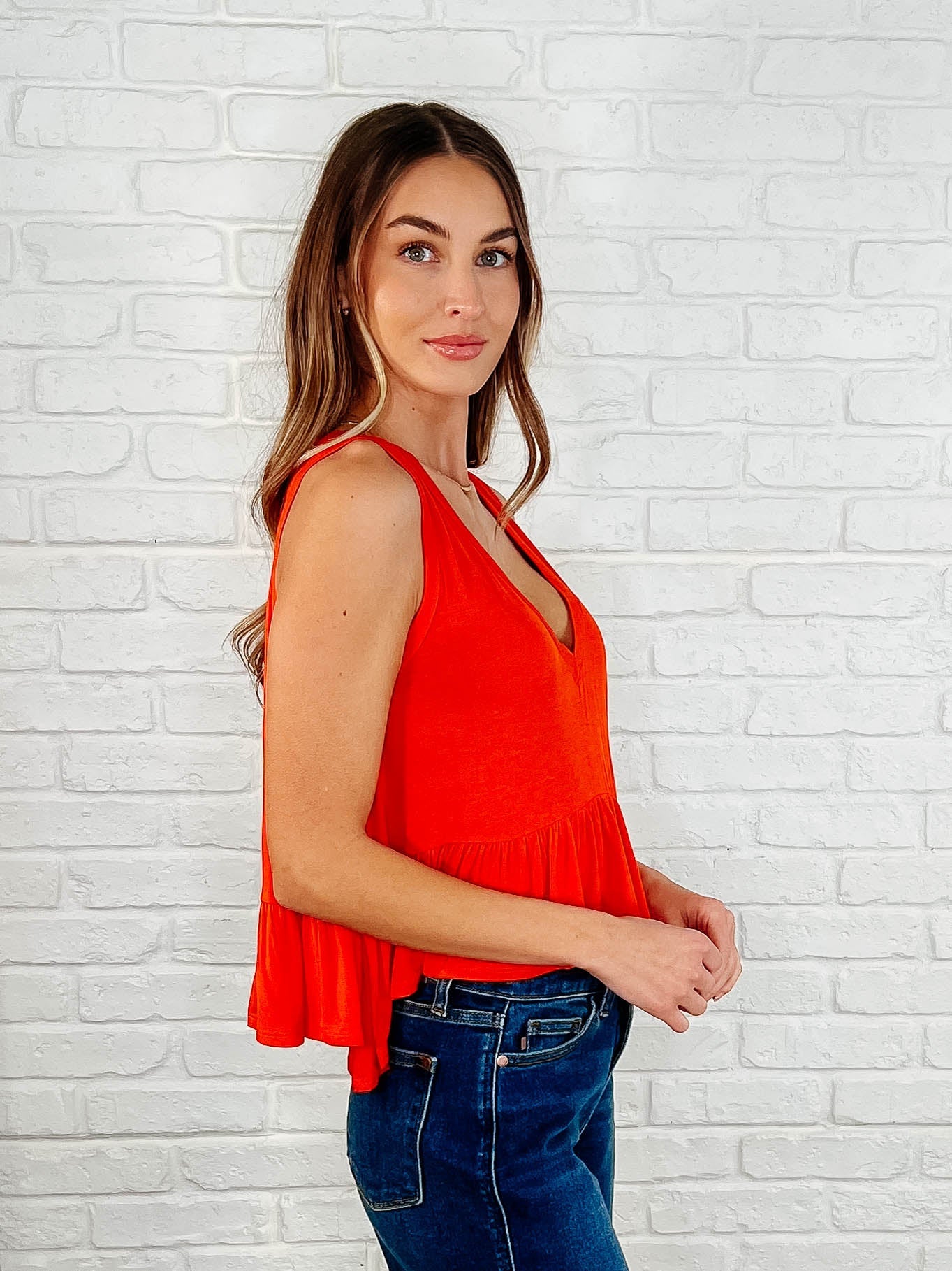 V-Neck Ruffled Peplum in Spicy Orange - Southern Divas Boutique