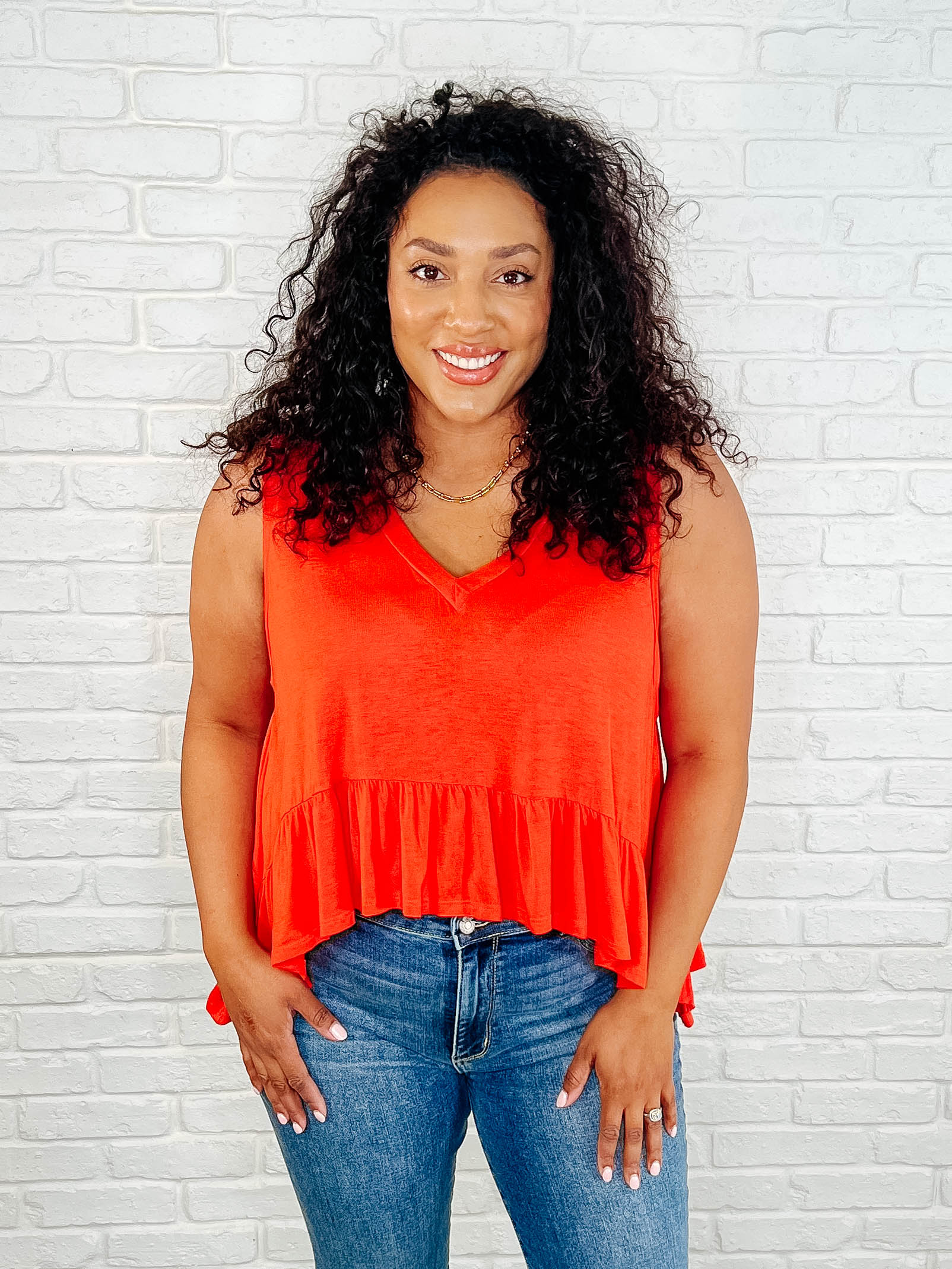 V-Neck Ruffled Peplum in Spicy Orange - Southern Divas Boutique