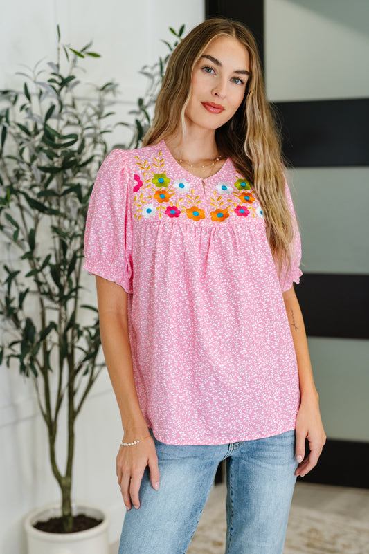 Wander Bloom Embroidered Puff Sleeve Blouse in Pink - Southern Divas Boutique