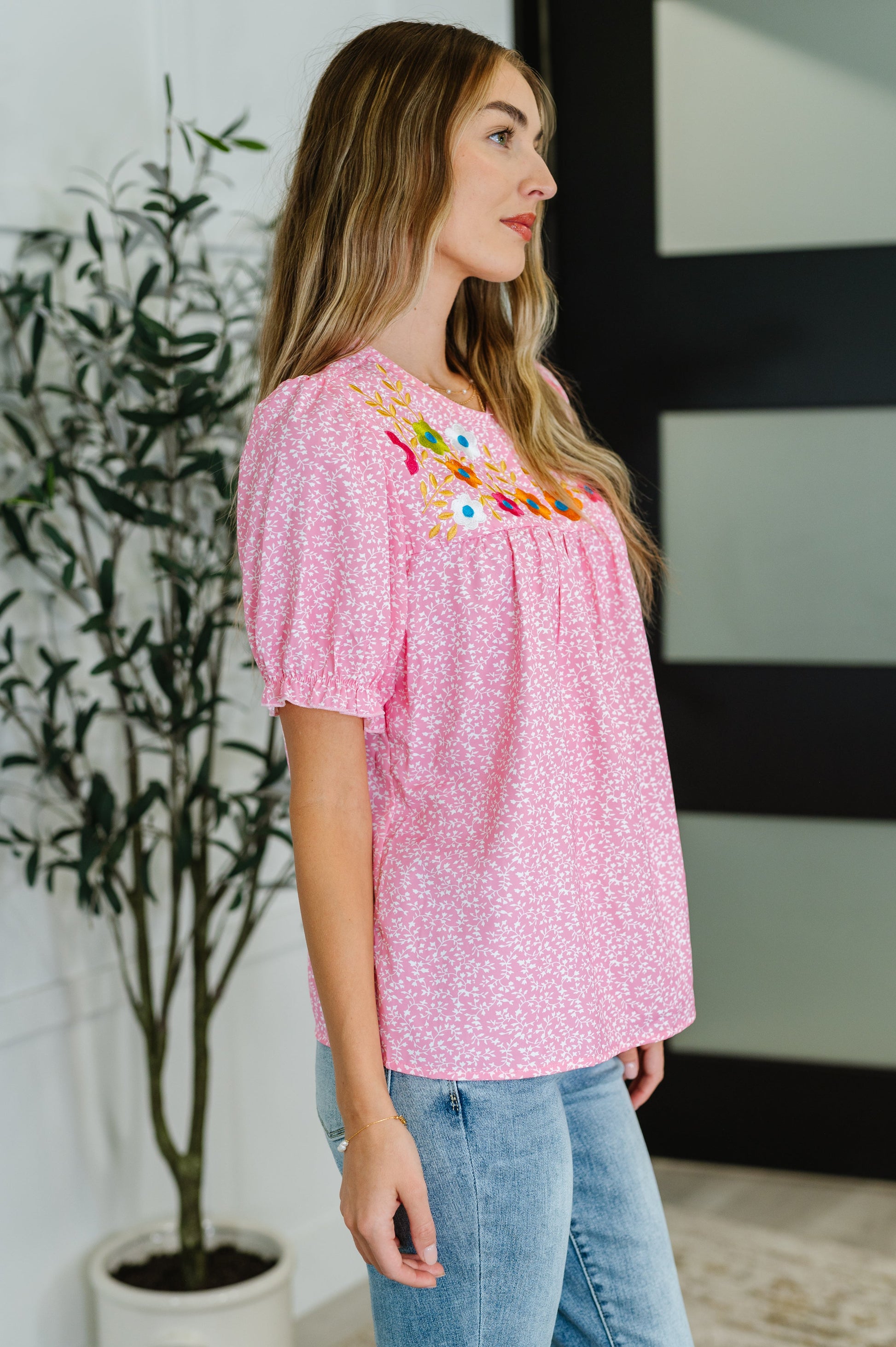 Wander Bloom Embroidered Puff Sleeve Blouse in Pink - Southern Divas Boutique