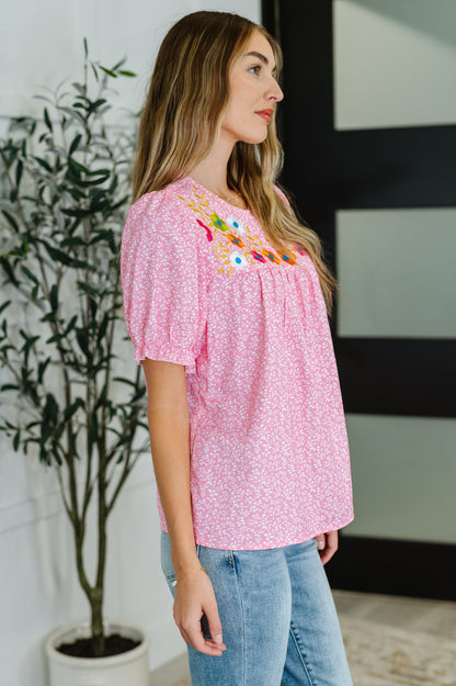 Wander Bloom Embroidered Puff Sleeve Blouse in Pink - Southern Divas Boutique