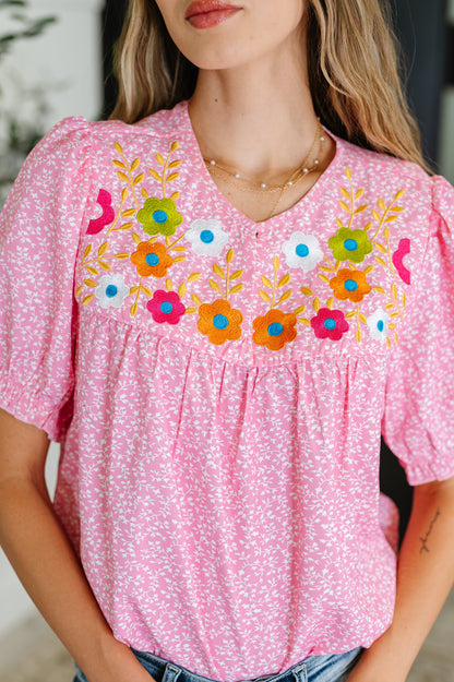 Wander Bloom Embroidered Puff Sleeve Blouse in Pink - Southern Divas Boutique
