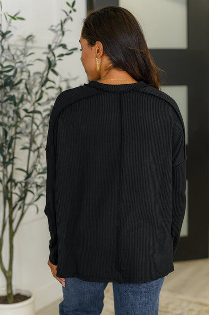 Wander & Rest Cable Ribbed Knit Drop Shoulder Top in Black - Southern Divas Boutique
