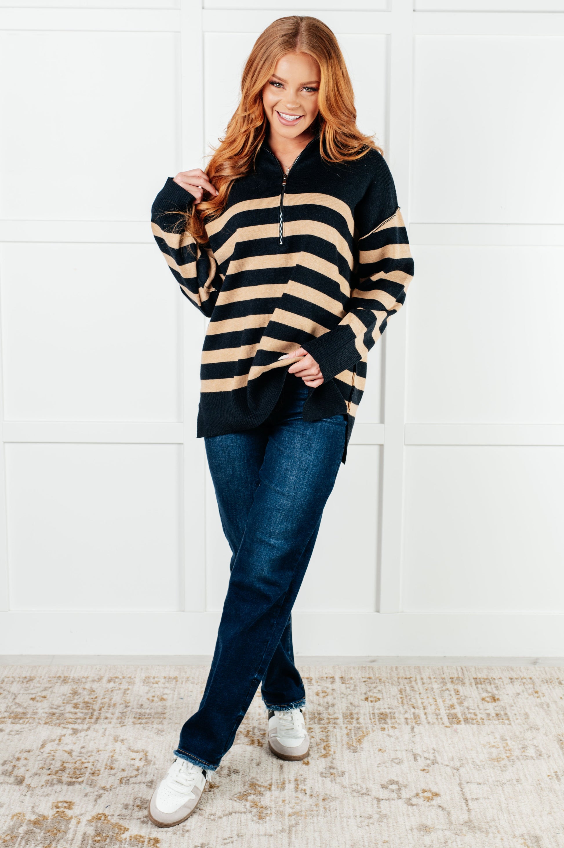 Well Situated Striped Quarter Zip Sweater in Black and Tan - Southern Divas Boutique