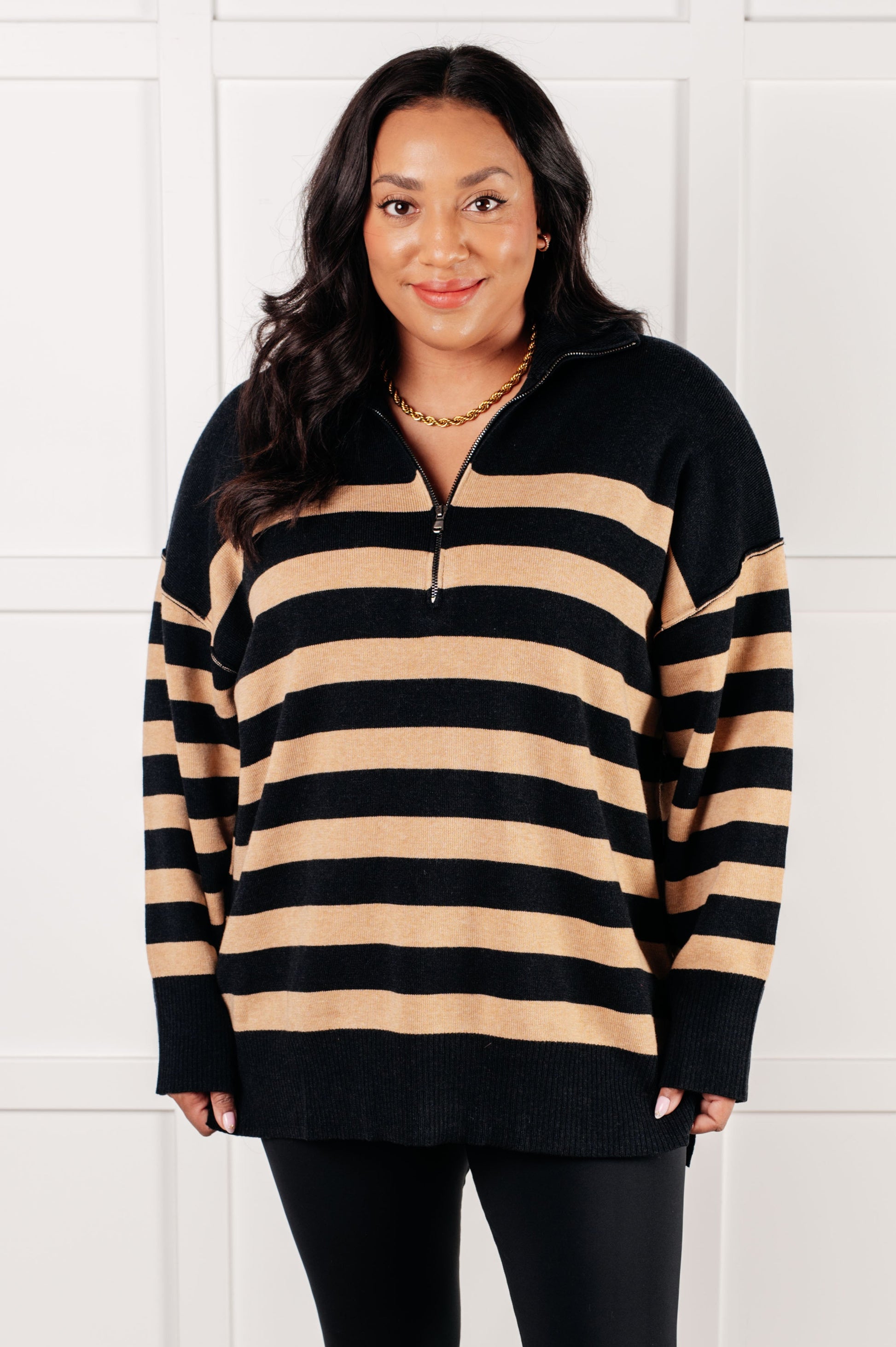 Well Situated Striped Quarter Zip Sweater in Black and Tan - Southern Divas Boutique