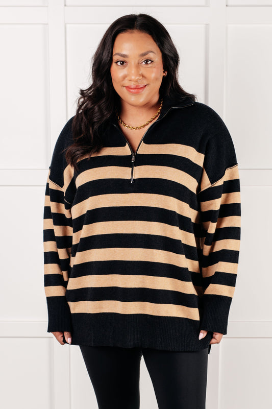 Well Situated Striped Quarter Zip Sweater in Black and Tan - Southern Divas Boutique