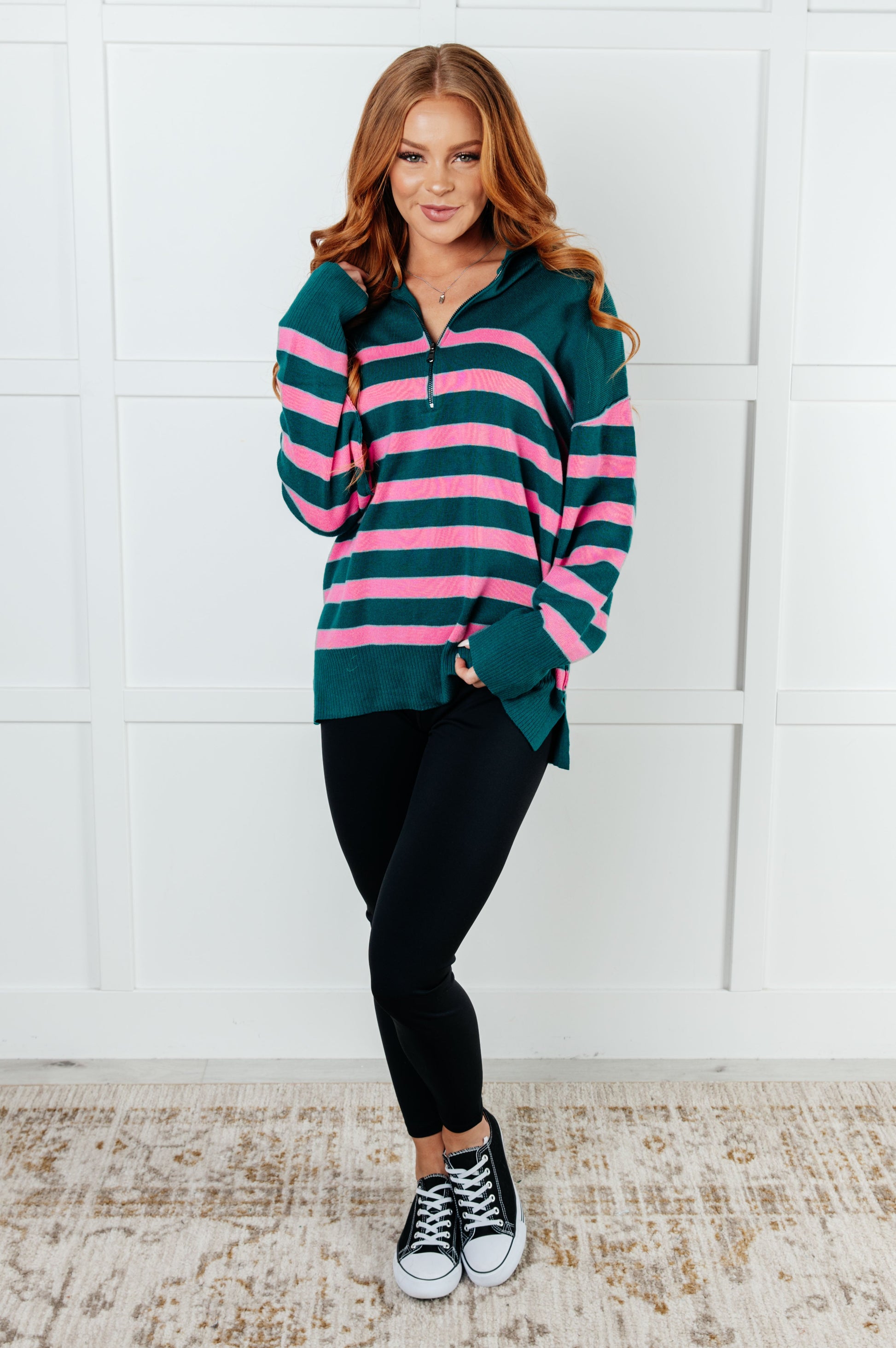 Well Situated Striped Quarter Zip Sweater in Green and Pink - Southern Divas Boutique