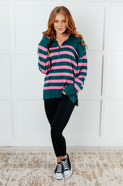Well Situated Striped Quarter Zip Sweater in Green and Pink - Southern Divas Boutique